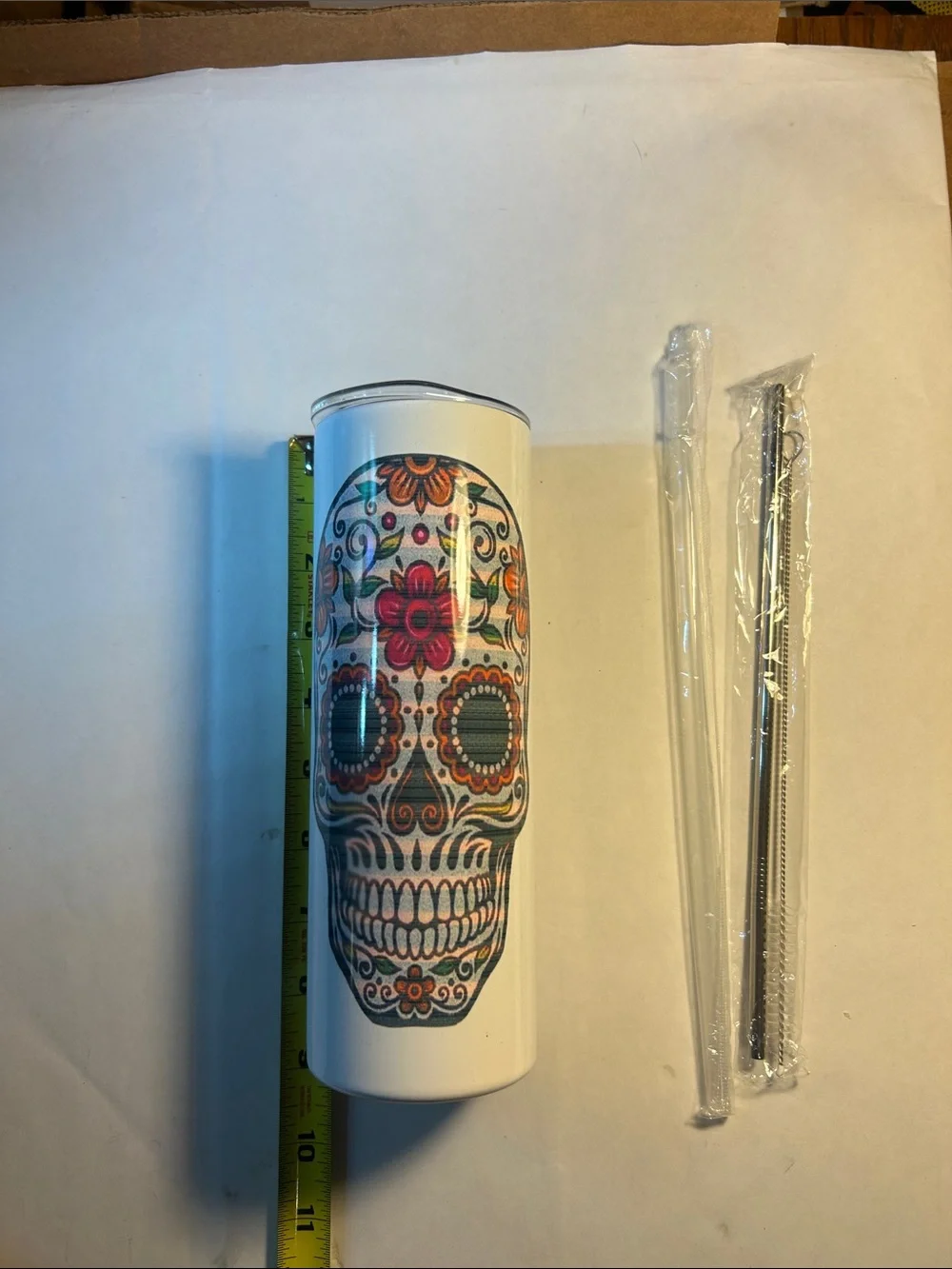 Day of the Dead Girl w/ Skulls and Flowers Ceramic Tumbler with Straw & Cleaner